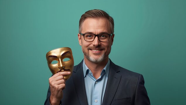 Successful Businessman Holding Golden Mask Representing Hidden Identity and Corporate Persona