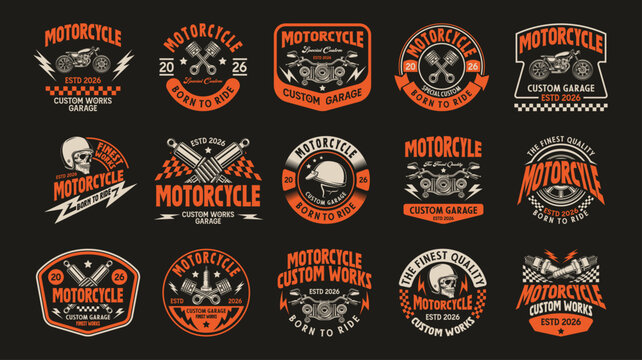 A vintage vector custom motorcycle logo collection featuring bold retro typography, motorcycles, engines, pistons, helmets, lightning bolts, and racing elements. Set of retro motorcyle logos badge