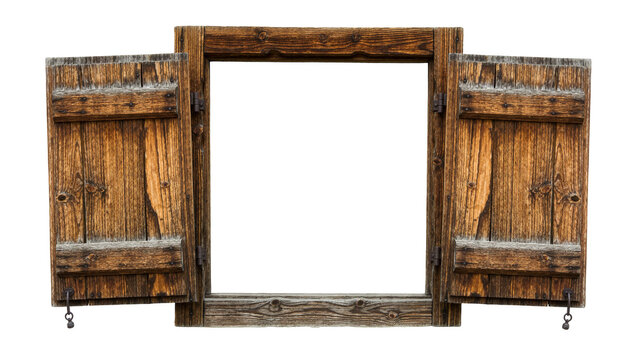 Rustic wooden window frame with open shutters, isolated on transparent background