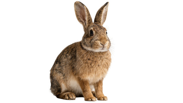 Brown rabbit sitting attentively, isolated on transparent background
