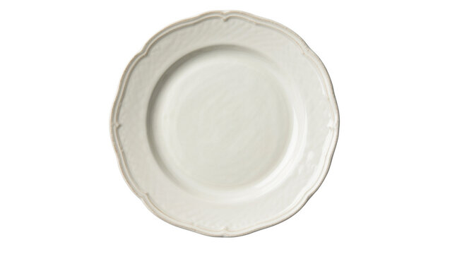 Ornate cream ceramic dinner plate with embossed rim, isolated on transparent background
