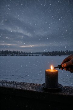 Hand lighting a candle by the snowy lake during winter evening  