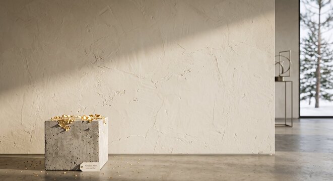 Modern concrete planter with golden leaves in minimalistic interior  