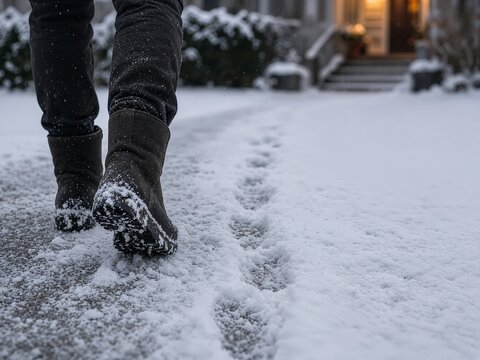 Person walking on snowy path with footprints outside a home  