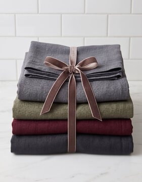 Stacked folded linens tied with ribbon on a marble countertop  