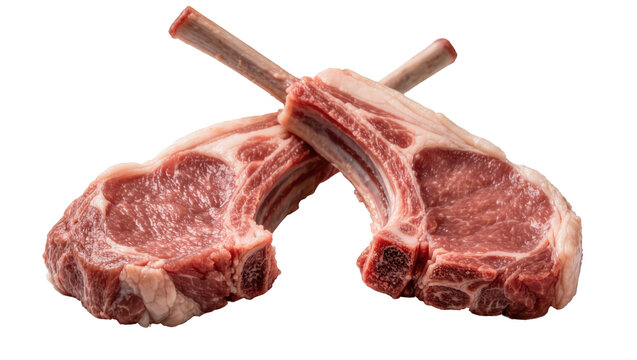 Two raw lamb chops with bones marbled meat, isolated on transparent background