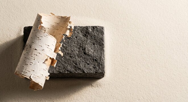 Birch bark placed over a textured stone slab on a light background  
