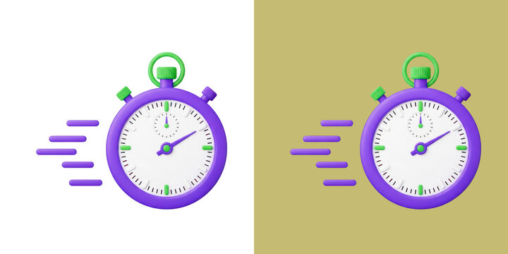 3D purple stopwatch icon with speed motion lines for quick time management render