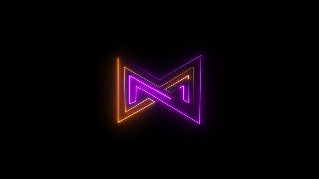 Glowing neon impossible triangle animation on black background, vibrant purple and orange lights, modern tech branding intro