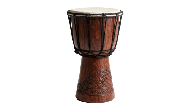 Carved wooden djembe drum with natural skin head, isolated on transparent background
