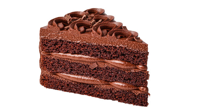 Decadent chocolate cake slice with rich frosting and shavings, isolated on transparent background