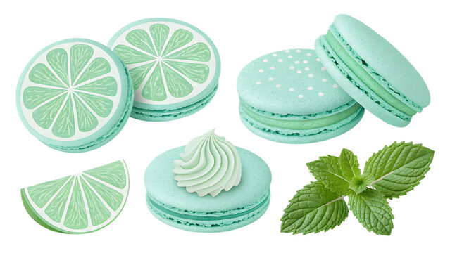 Mint green macarons with lime and mint leaves dessert