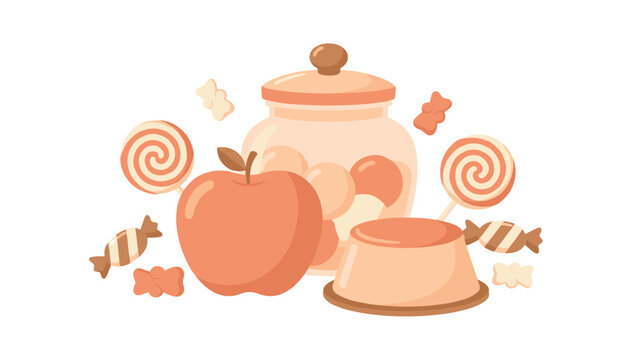 Candy jar vector illustration with apple, lollipops, jelly, and sweets in pastel tones