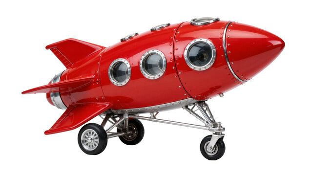 Retro red metal rocket ship with silver accents and landing gear, isolated on transparent background