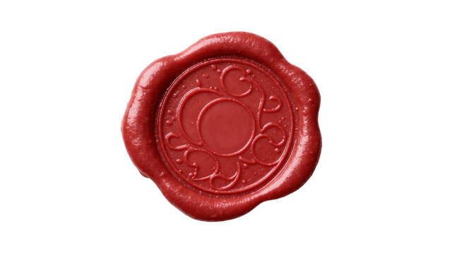 Red wax seal with ornate swirling pattern, isolated on transparent background