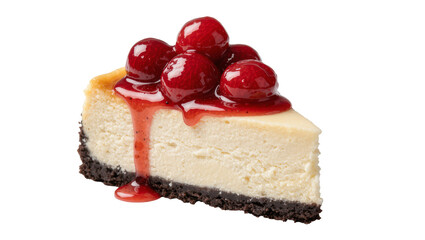 Creamy cheesecake slice with glossy cherry topping and sauce, isolated on transparent background © Cian