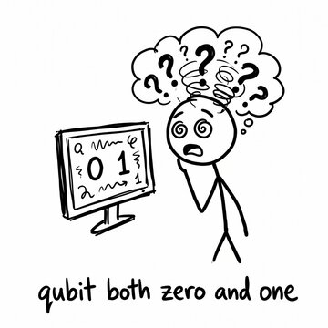 Qubit Both Zero and One Stick Figure Quantum Computing Humor Cartoon