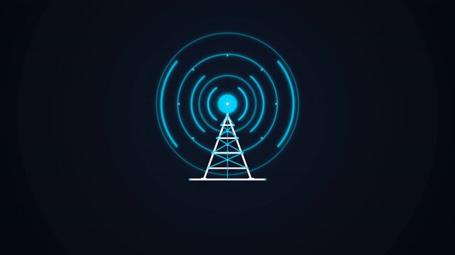 Futuristic Radio Tower Broadcasting Digital Signals Animation.