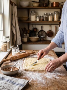 Hands spread filling over rolled pastry dough on a wooden kitchen table. Homemade baking and pastry preparation. Cooking from scratch, traditional food making. Rustic home kitchen.