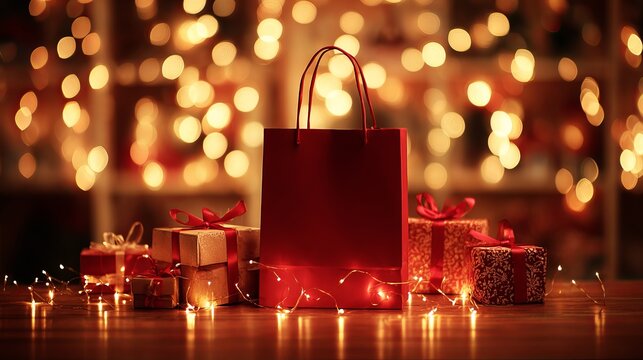 Red shopping bag rests among glowing presents, symbolizing festive joy and retail abundance, perfect promotional concept