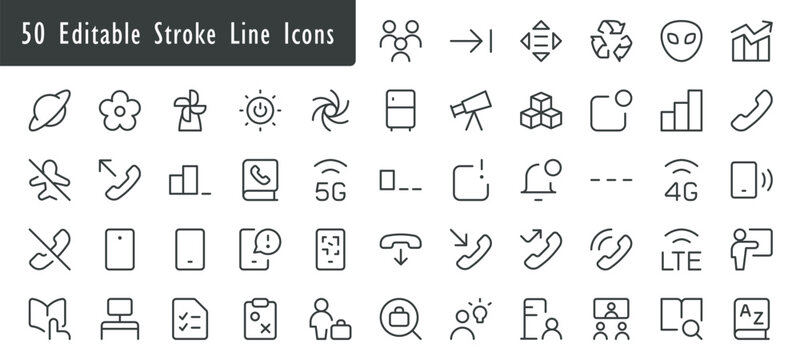 Editable stroke line icons set of 50 minimalist linear vector symbols, outline technology and communication icon collection for UI UX web design