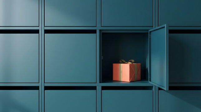 A small wrapped gift sits inside an open teal locker compartment among closed doors, creating a hidden Secret Santa surprise in a clean modern storage setting with a simple geometric backdrop.