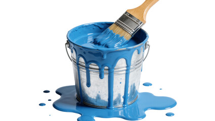 Paintbrush dipping into a blue paint bucket with drips, isolated on transparent background © Cian