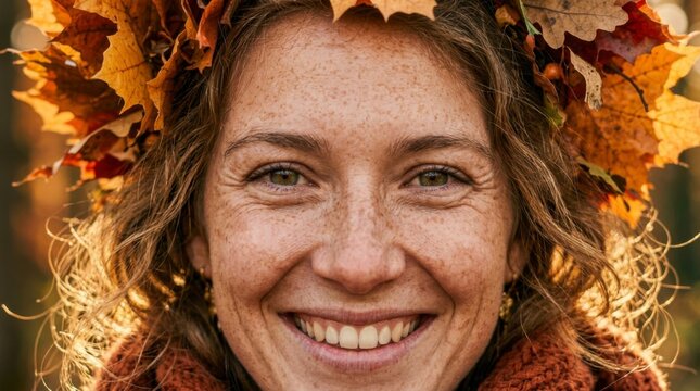 Close-up portrait of a smiling woman with freckles wearing a wreath of colorful autumn leaves, illuminated by warm sunlight, concept of autumn beauty and natural happiness