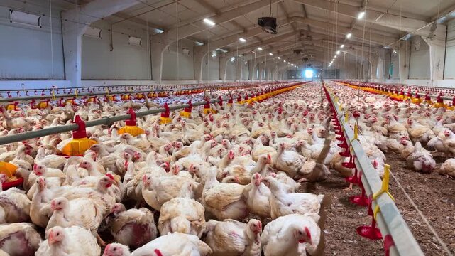 Large Scale Commercial Poultry Farm with Broiler Chickens in Modern Indoor Housing