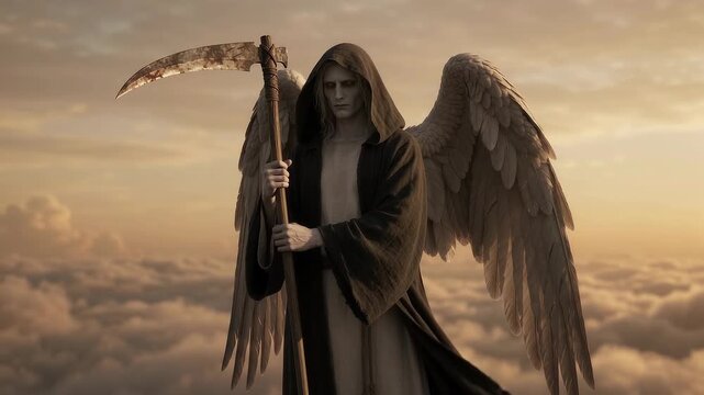 Angel of Death Holds a Scythe Above the Clouds in a Dark Spiritual Scene Symbolizing Mortality Judgment Afterlife Fate Fear Eternity Divine Reckoning and Human Destiny