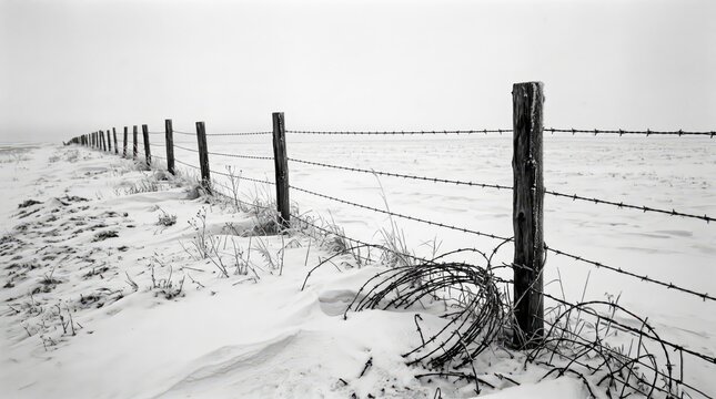 Barbed wire fence crossing a snow-covered field. Winter landscape in black and white. Boundary security, containment and exclusion concept. Rural land and cold weather conditions.