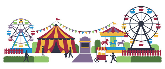 Colorful carnival background with circus tent rides. © Ojufa