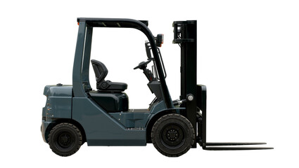 Dark gray forklift with black seat and forks, isolated on transparent background © Cian