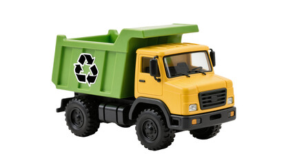 Yellow toy dump truck with green recycling bin, isolated on transparent background © Cian