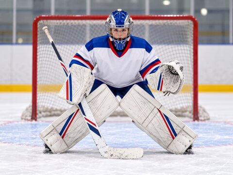 Young Ice Hockey Goalie in Ready Stance Before Goal, Goalkeeper Technique, Game Readiness and Hockey Training