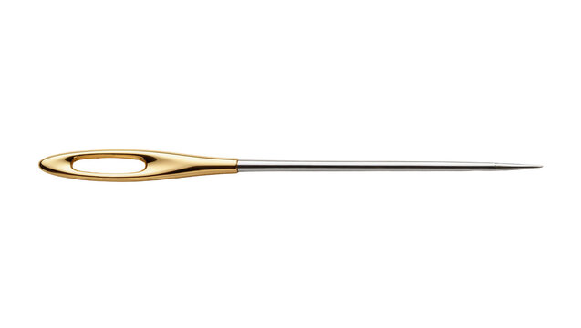 Shiny gold eye sewing needle with sharp metal point, isolated on transparent background