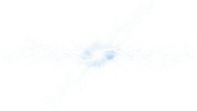 Bright white and blue electrical discharge emanating from a central point, isolated on transparent background