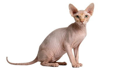 Pinkish hairless Sphynx cat with large ears sitting, isolated on transparent background © Cian