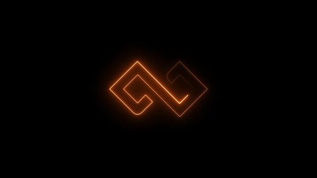 Glowing orange neon infinity symbol rotating on black background, modern abstract loop animation neon glowing symbol