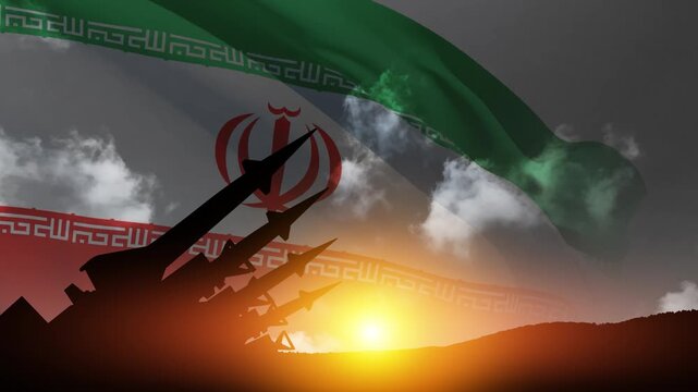 The missiles are aimed at the sky at sunset with Iran flag. Bomb, chemical weapons, missile defense, a system of salvo fire.
