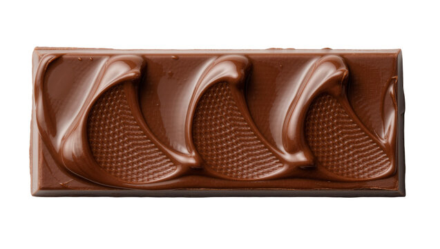 Melted milk chocolate bar with embossed wave pattern, isolated on transparent background