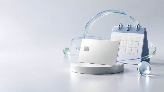 Blank credit card on a podium with calendar in 3D illustration