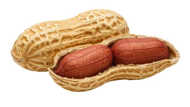 Whole peanut shell with two red kernels inside, isolated on transparent background