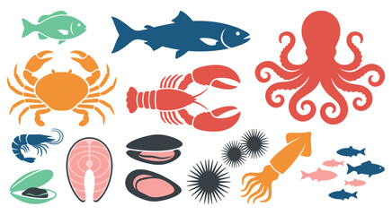 Obraz premium Ocean seafood color silhouette symbol and icon selection.