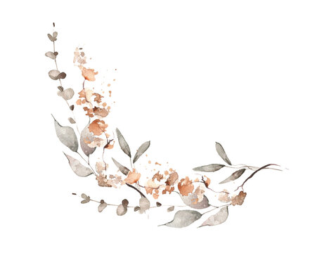 Watercolor floral fall arrangement border bouquet. Gray, burgundy, brown, pink autumn wild flowers, branches, leaves and twigs. Hand painted isolated template design.