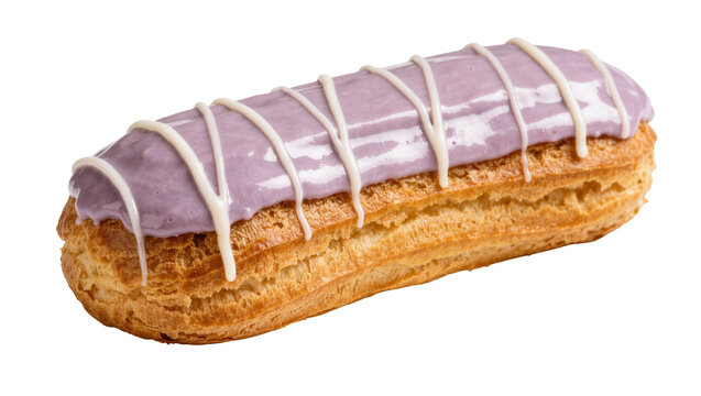 Golden brown eclair with purple glaze and white icing drizzle, isolated on transparent background