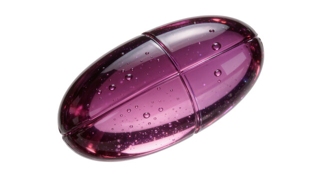 Shiny purple oval capsule with internal bubbles, isolated on transparent background