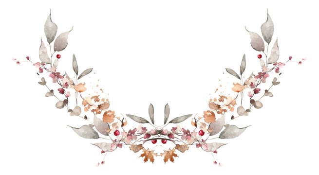Watercolor floral fall symmetrical border wreath. Gray, burgundy, brown, pink autumn wild flowers, branches, leaves and twigs. Hand painted isolated template design.