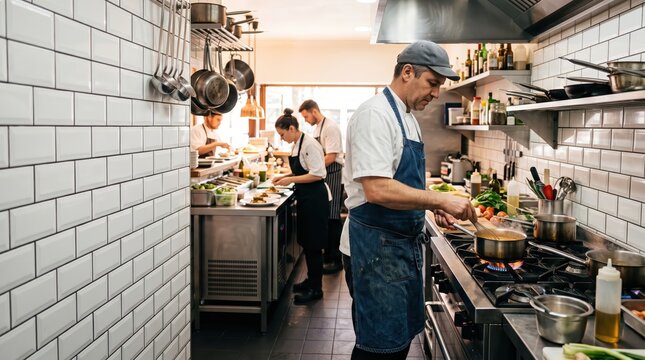 Chef cooking at restaurant stove as kitchen staff prepare dishes behind him. Restaurant kitchen service. Culinary teamwork and food preparation. Hospitality and commercial dining.