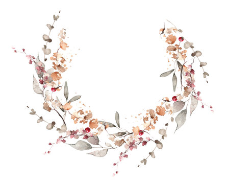 Watercolor floral fall semicircle wreath border. Gray, burgundy, brown, pink autumn wild flowers, branches, leaves and twigs. Hand painted isolated template design.